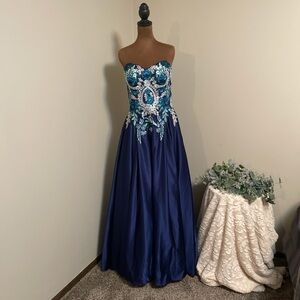 Elegant Strapless Blue and Silver Embroidered Prom Dress